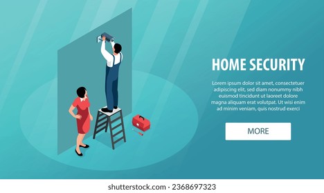 Isometric home security horizontal banner with housemaid and worker installing cctv camera text and more button vector illustration