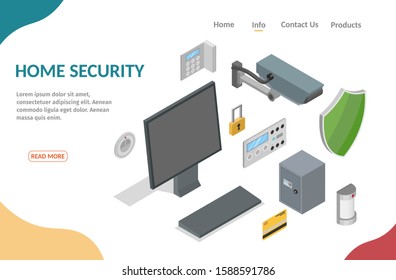Isometric home security infographic concept of technology system alarm vector banner.