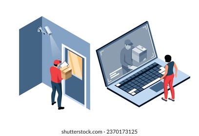 Conjunto de seguridad doméstica isométrica de dos composiciones con el repartidor en la puerta en la pantalla vectorial de la laptop cctv