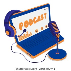 Isometric  home sound recording studio microphone for podcast. Headphones hanging on corner of open laptop with online live stream on monitor. Live chat. 3D vector concept isolated on white background