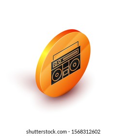 Isometric Home stereo with two speakers icon isolated on white background. Music system. Orange circle button. Vector Illustration