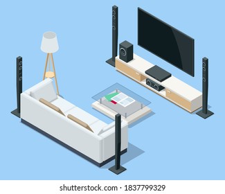 Isometric home theater, audio system isolated on white background. Home cinema speaker.