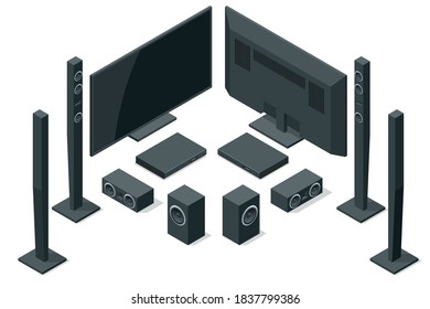 Isometric home theater, audio system isolated on white background. Home cinema speaker set.
