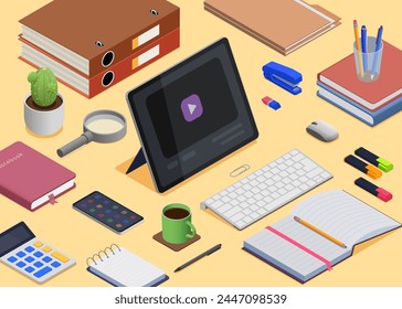 Isometric home workplace. Space for work or study with tablet, notebooks, planners and stationery. Education, freelance job pithy vector scene