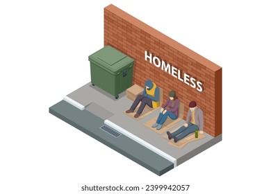 Isometric Homeless necesita ayuda, mendigando a hombres y mujeres, vagabundos. Un hombre sin hogar se sienta en el asfalto inclinándose contra la pared y pide ayuda. Hambre y pobre.