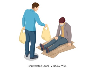 Isometric Homeless needing help, begging money man, bum. Delivery of donations for the manufacture of meals for homeless people on the streets