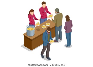 Isometric Homeless needing help, begging money man and women, bum. Delivery of donations for the manufacture of meals for homeless people on the streets