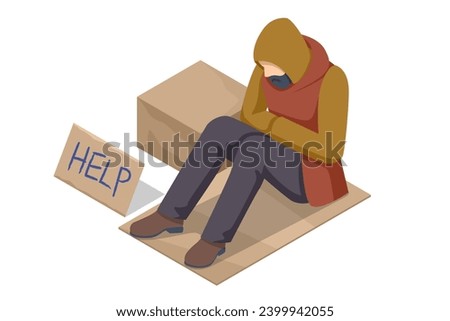 Isometric Homeless needing help, begging money man, bum. A homeless man sits on the asphalt leaning against the wall and asks for help. Hungry and poor.