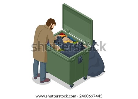 Isometric Homeless needing help, begging money man, bum. Hungry homeless man rummaging in trash can looking for food