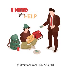 Isometric homeless people background composition with text and faceless human characters of people giving alms gift vector illustration