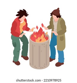 Isometric homeless people at fire barrel 3d vector illustration
