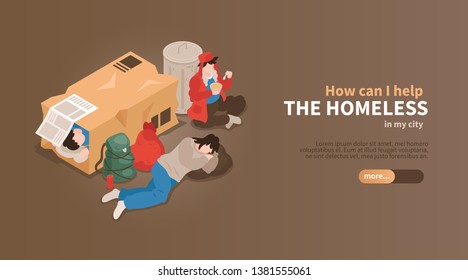 Isometric homeless people horizontal banner with view of people among cardboard boxes and waste with text vector illustration