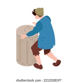 Isometric homeless person with rubbish container 3d vector illustration