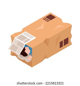 Isometric Homeless Person Sleeping In Cardboard Box Outdoors 3d Vector Illustration