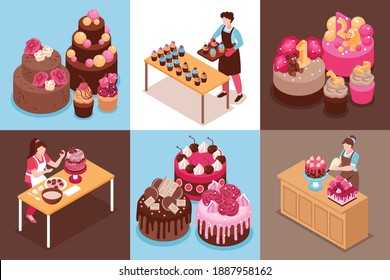 Isometric homemade cake design concept set with wedding modern and for children cakes and cupcakes vector illustration