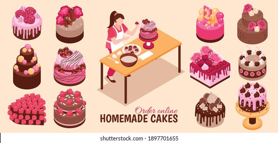 Isometric homemade cake set with isolated images of confectionery products with various toppings and editable text vector illustration
