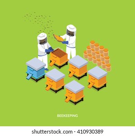 Isometric honey bee apiary with beekeeper design flat. 3D Beekeeping work, sweet honey, farm natural honey, 3d beekeeper collect eco honey, bee fly for honey on apiary, beemaster job, collect honey