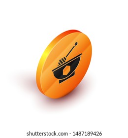 Isometric Honey dipper stick and bowl icon isolated on white background. Honey ladle. Orange circle button. Vector Illustration