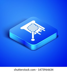 Isometric Honey dipper stick with dripping honey icon isolated on blue background. Honey ladle. Blue square button. Vector Illustration