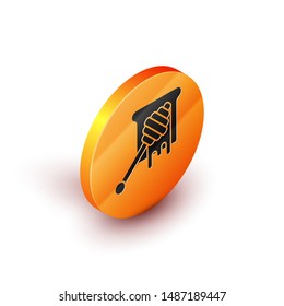 Isometric Honey dipper stick with dripping honey icon isolated on white background. Honey ladle. Orange circle button. Vector Illustration
