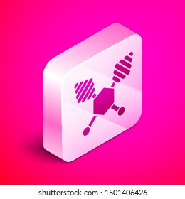 Isometric Honey dipper stick icon isolated on pink background. Honey ladle. Silver square button. Vector Illustration