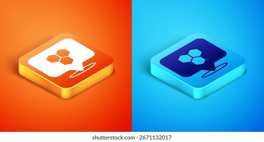 Isometric Honeycomb bee location map pin pointer icon isolated on orange and blue background. Farm animal map pointer.  Vector