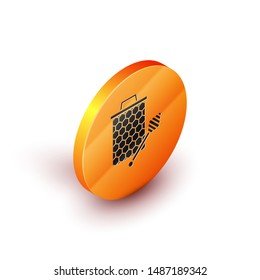 Isometric Honeycomb with honey dipper stickicon isolated on white background. Honey ladle. Honey cells symbol. Sweet natural food. Orange circle button. Vector Illustration