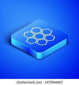 Isometric Honeycomb icon isolated on blue background. Honey cells symbol. Sweet natural food. Blue square button. Vector Illustration