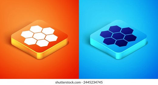 Isometric Honeycomb icon isolated on orange and blue background. Honey cells symbol. Sweet natural food.  Vector