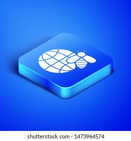 Isometric Honeycomb map of the world and bee icon isolated on blue background. World bee day. Concept ecological event. Blue square button. Vector Illustration