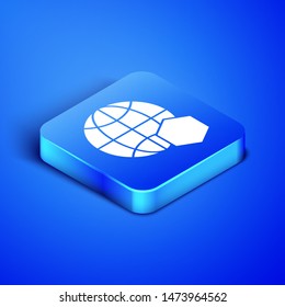 Isometric Honeycomb map of the world icon isolated on blue background. World bee day. Concept ecological event. Blue square button. Vector Illustration