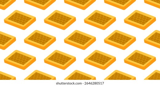 Isometric Honeycomb Tile Pattern. Seamless pattern with isometric honeycomb tiles in square frames, arranged on white background. Flat vector style with warm golden palette.