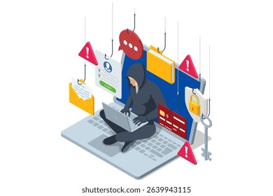 Isometric hooded hacker on a laptop keyboard, surrounded by hooks snaring emails, login forms, credit cards, padlock icons, all flagged with red warning triangles to illustrate a phishing attack.