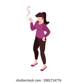 Isometric hookah tobacco smoke composition with isolated character of smoking woman on blank background vector illustration