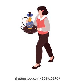 Isometric hookah tobacco smoke composition with isolated image of female hookah master holding tray with hookah vector illustration