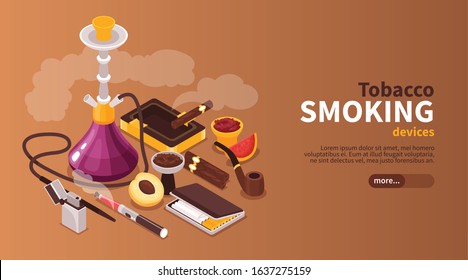 Isometric hookah tobakko smoke horizontal banner with editable text button and images of products containing nicotine vector illustration