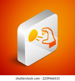 Isometric Hooligan shooting small stones icon isolated on orange background. Demonstrator. Silver square button. Vector