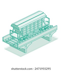 Tope isométrico en el puente. Objeto aislado sobre fondo blanco. Ferrocarril. Vagón de mercancías para el transporte masivo de cemento, granos y otros productos o mercancías a granel. Ilustración vectorial. Vagón sobre rieles.