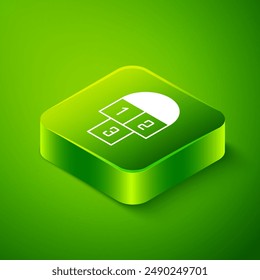 Isometric Hopscotch icon isolated on green background. Children asphalt coating drawing. Green square button. Vector