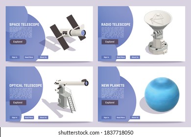 Banderas de astronomía horizontal isométrica con telescopios ópticos y radiofónicos de planeta azul ilustración vectorial aislada 3d