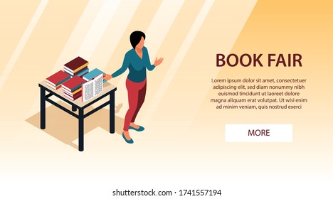 Isometric horizontal banner with consultant at book fair 3d vector illustration
