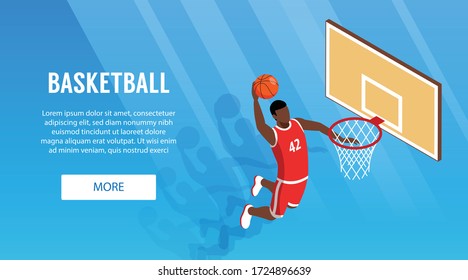 Isometric Horizontal Banner With Male Player Hitting Basket 3d Vector Illustration