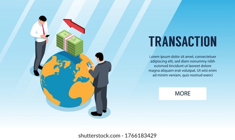 Banner horizontal isométrico con gente haciendo transacciones bancarias Id ilustración vectorial 3d
