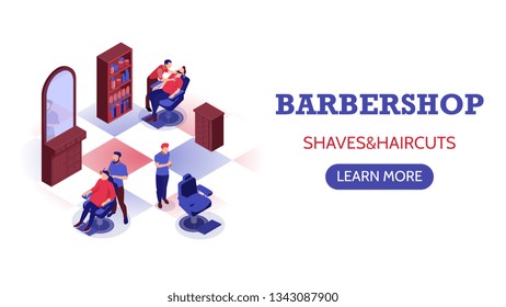 Isometric horizontal banner with stylists doing haircut and shaving beard in barbershop 3d vector illustration