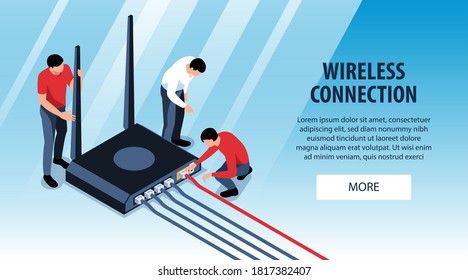 Isometric Horizontal Banner With Three Sysadmins Fixing Wireless Internet Router 3d Vector Illustration