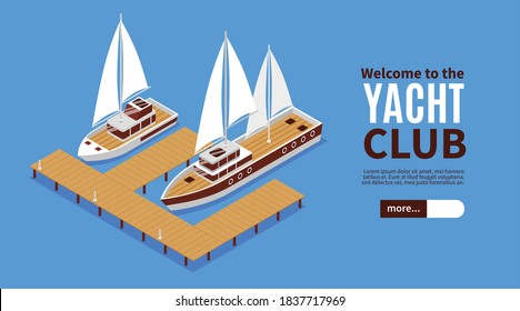 Isometric horizontal banner with two luxury yachts and wooden pier 3d vector illustration