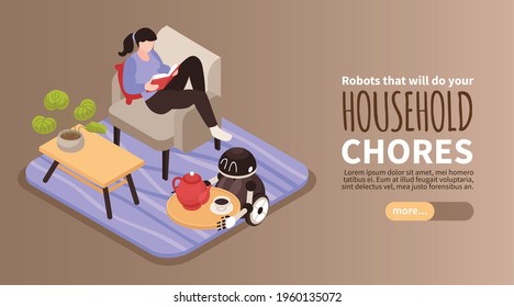 Isometric horizontal banner with woman reading and small robot carry tray with coffee vector illustration