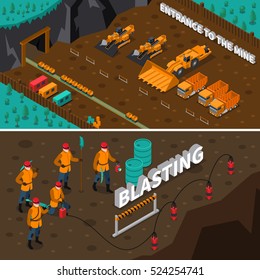 Isometric horizontal banners presenting miner people machinery and process of blasting isolated vector illustration