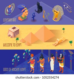 Isometric horizontal banners set with ancient egyptian gods and art 3d isolated vector illustration