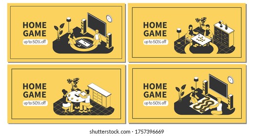 Isometric horizontal banners set with family playing board games at home 3d isolated vector illustration